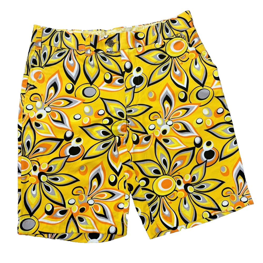 LOUDMOUTH Golf Shorts Mens 32 x 10.5" Inseam Yellow Floral Chino Stretch